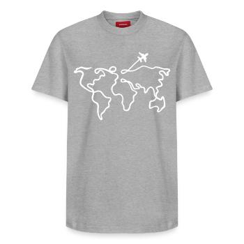 Reisen Sie um die Welt - Relaxed Unisex Supima Cotton T-Shirt – von SPREAD - Grau meliert - Vorne - AI Model Female 172 dark (172cm) & AI Model Male 185 dark (185cm)