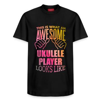 Ukulele - Relaxed Unisex Supima Cotton T-Shirt – von SPREAD - Schwarz - Vorne - AI Model Female 172 light (172cm) & AI Model Male 178 light (178cm)