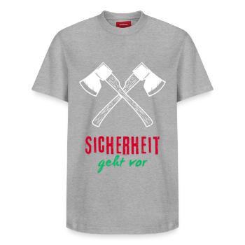 Sicherheit geht vor - Relaxed Unisex Supima Cotton T-Shirt – von SPREAD - Grau meliert - Vorne - AI Model Female 172 dark (172cm) & AI Model Male 185 dark (185cm)