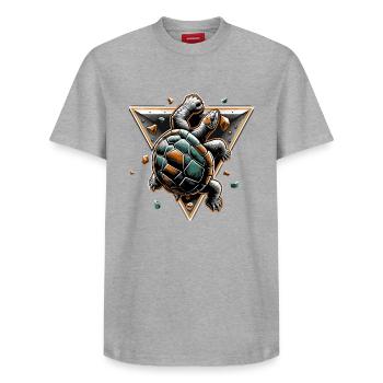 Tortue de bloc : cadeau d’escalade - T-shirt unisexe décontracté en coton Supima – de SPREAD - gris chiné - Devant - AI Model Female 172 dark (172cm) & AI Model Male 185 dark (185cm)