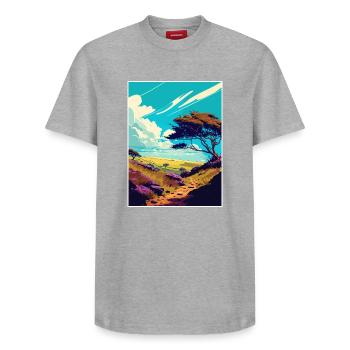 Quantock Hills Aonb Vintage Reiseposter Souvenir - Relaxed Unisex Supima Cotton T-Shirt – von SPREAD - Grau meliert - Vorne - AI Model Female 172 dark (172cm) & AI Model Male 185 dark (185cm)