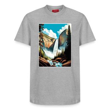 Yosemite Vernal Falls Kalifornien Reiseposter WPA - Relaxed Unisex Supima Cotton T-Shirt – von SPREAD - Grau meliert - Vorne - AI Model Female 172 dark (172cm) & AI Model Male 185 dark (185cm)