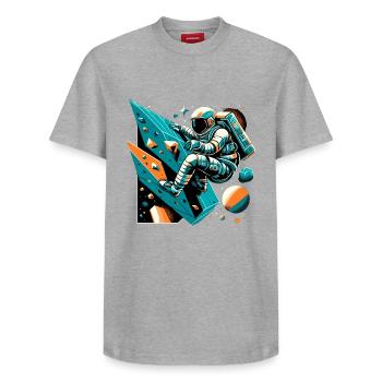 Bouldering Astronaut Gift - Relaxed Unisex Supima Cotton T-Shirt – by SPREAD - heather grey - Front - AI Model Female 172 dark (172cm) & AI Model Male 185 dark (185cm)