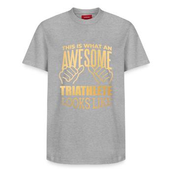 Triathlon - Relaxed Unisex Supima Cotton T-Shirt – von SPREAD - Grau meliert - Vorne - AI Model Female 172 dark (172cm) & AI Model Male 185 dark (185cm)