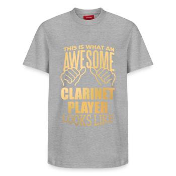 clarinette - T-shirt unisexe décontracté en coton Supima – de SPREAD - gris chiné - Devant - AI Model Female 172 dark (172cm) & AI Model Male 185 dark (185cm)