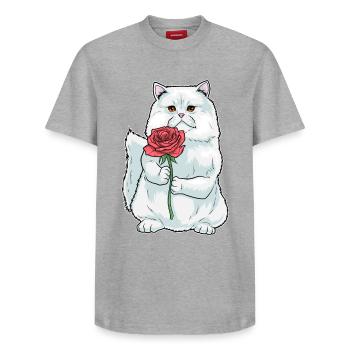 Persian Cat Rose - Relaxed Unisex Supima Cotton T-Shirt – by SPREAD - heather grey - Front - AI Model Female 172 dark (172cm) & AI Model Male 185 dark (185cm)