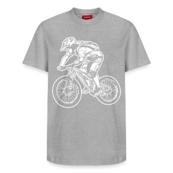 Mountain Biking Cartoon Graphic - Relaxed Unisex Supima Cotton T-Shirt – by SPREAD - heather grey - Front - AI Model Female 172 dark (172cm) & AI Model Male 185 dark (185cm)