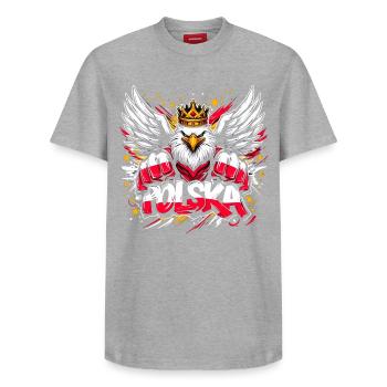 Polska Polen Adler Superheld Flagge Geschenk - Relaxed Unisex Supima Cotton T-Shirt – von SPREAD - Grau meliert - Vorne - AI Model Female 172 dark (172cm) & AI Model Male 185 dark (185cm)