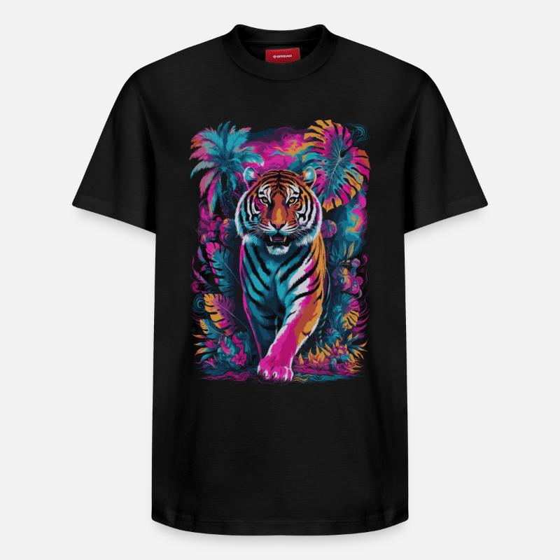 Psychedelischer Tiger im lebendigen Dschungel-Design - Relaxed Unisex Supima Cotton T-Shirt – von SPREAD - Schwarz