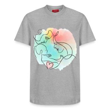 Mother, father, baby - colorful family motif - Relaxed Unisex Supima Cotton T-Shirt – by SPREAD - heather grey - Front - AI Model Female 172 dark (172cm) & AI Model Male 185 dark (185cm)