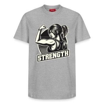 Force femme forte étire le bras sur le cadeau de pouvoir - T-shirt unisexe décontracté en coton Supima – de SPREAD - gris chiné - Devant - AI Model Female 172 dark (172cm) & AI Model Male 185 dark (185cm)