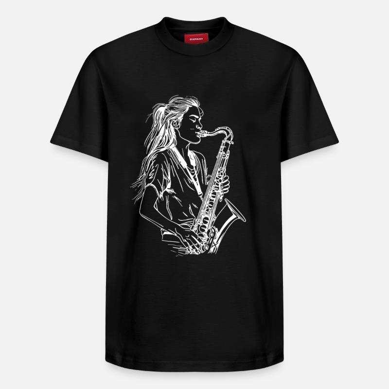 Weiblicher Saxophonist - Relaxed Unisex Supima Cotton T-Shirt – von SPREAD - Schwarz