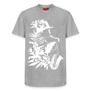 Female Saxophonist Comic Look - Relaxed Unisex Supima Cotton T-Shirt – by SPREAD - heather grey - Front - AI Model Female 172 dark (172cm) & AI Model Male 185 dark (185cm)