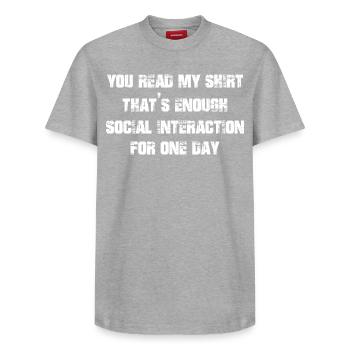 you read my shirt that's enough social interaction - Relaxed Unisex Supima Cotton T-Shirt – by SPREAD - heather grey - Front - AI Model Female 172 dark (172cm) & AI Model Male 185 dark (185cm)