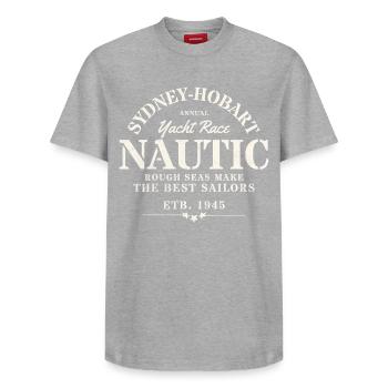 Nautical Design Year 1945 - Relaxed Unisex Supima Cotton T-Shirt – by SPREAD - heather grey - Front - AI Model Female 172 dark (172cm) & AI Model Male 185 dark (185cm)