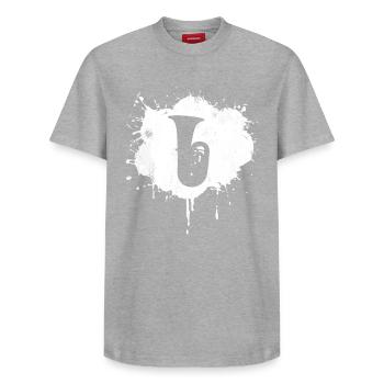 Tuba Drawing - Relaxed Unisex Supima Cotton T-Shirt – by SPREAD - heather grey - Front - AI Model Female 172 dark (172cm) & AI Model Male 185 dark (185cm)
