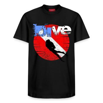 American Diver Down Flag - Relaxed Unisex Supima Cotton T-Shirt – by SPREAD - black - Front - AI Model Female 172 light (172cm) & AI Model Male 178 light (178cm)