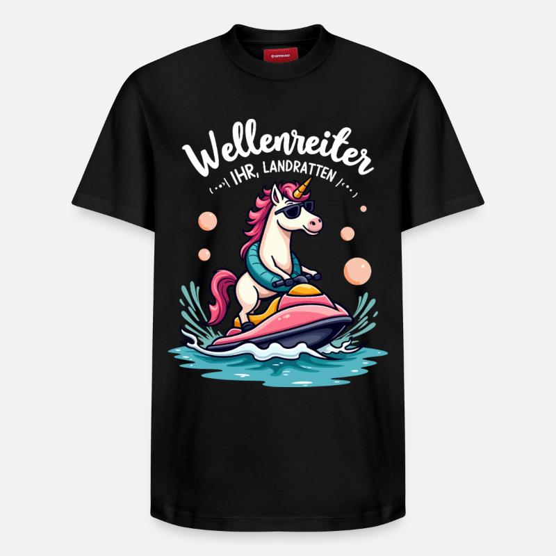 Pinker Einhorn Wellenreiter - Relaxed Unisex Supima Cotton T-Shirt – von SPREAD - Schwarz