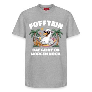 Fofftein Möwe – Norddeutscher Chill Spruch - Relaxed Unisex Supima Cotton T-Shirt – von SPREAD - Grau meliert - Vorne - AI Model Female 172 dark (172cm) & AI Model Male 185 dark (185cm)