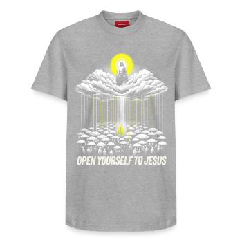 Heavenly Revelation with Jesus and Audience  - Relaxed Unisex Supima Cotton T-Shirt – by SPREAD - heather grey - Front - AI Model Female 172 dark (172cm) & AI Model Male 185 dark (185cm)