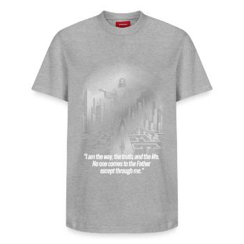 Paysage urbain futuriste avec citation inspirante - T-shirt unisexe décontracté en coton Supima – de SPREAD - gris chiné - Devant - AI Model Female 172 dark (172cm) & AI Model Male 185 dark (185cm)