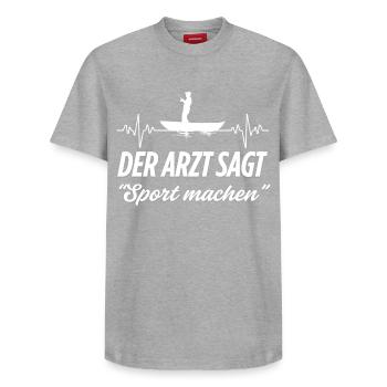 Do more sports - Angler Fisherman Fishing - Relaxed Unisex Supima Cotton T-Shirt – by SPREAD - heather grey - Front - AI Model Female 172 dark (172cm) & AI Model Male 185 dark (185cm)