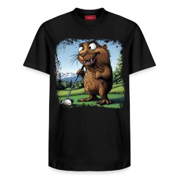 Golfer Groundhog - Relaxed Unisex Supima Cotton T-Shirt – by SPREAD - black - Front - AI Model Female 172 light (172cm) & AI Model Male 178 light (178cm)