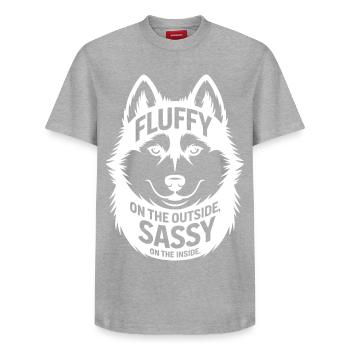 Fluffy Outside Sassy Inside Husky  - Relaxed Unisex Supima Cotton T-Shirt – by SPREAD - heather grey - Front - AI Model Female 172 dark (172cm) & AI Model Male 185 dark (185cm)