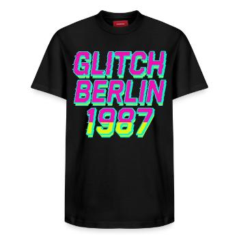 Glitch, Berlin 1987 - Relaxed Unisex Supima Cotton T-Shirt – by SPREAD - black - Front - AI Model Female 172 light (172cm) & AI Model Male 178 light (178cm)
