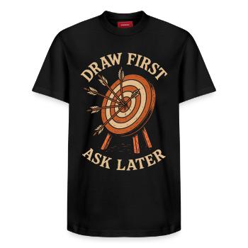 Glisser d’abord, demander plus tard, tir à l’arc - T-shirt unisexe décontracté en coton Supima – de SPREAD - noir - Devant - AI Model Female 172 light (172cm) & AI Model Male 178 light (178cm)