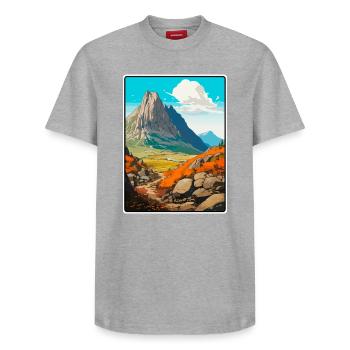 Dolomites, Italie, Montagne, Paysage, Illustration - T-shirt unisexe décontracté en coton Supima – de SPREAD - gris chiné - Devant - AI Model Female 172 dark (172cm) & AI Model Male 185 dark (185cm)