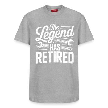 The Legend Has Finished Work Mechanic Retirement - Relaxed Unisex Supima Cotton T-Shirt – by SPREAD - heather grey - Front - AI Model Female 172 dark (172cm) & AI Model Male 185 dark (185cm)