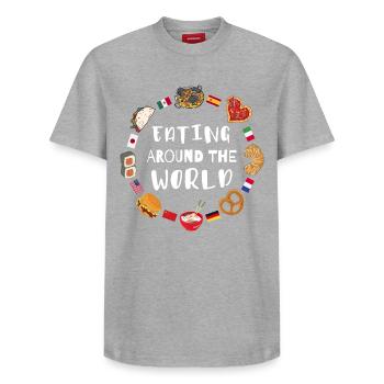 La nourriture dans le monde - T-shirt unisexe décontracté en coton Supima – de SPREAD - gris chiné - Devant - AI Model Female 172 dark (172cm) & AI Model Male 185 dark (185cm)