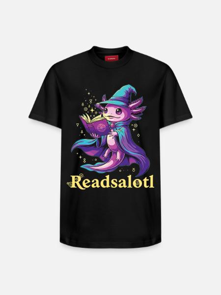 Readsalotl Axolotl Reading Mage Axolotl - Relaxed Unisex Supima Cotton T-Shirt – by SPREAD - black