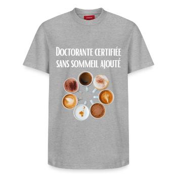 Certified PhD student with no added sleep - Relaxed Unisex Supima Cotton T-Shirt – by SPREAD - heather grey - Front - AI Model Female 172 dark (172cm) & AI Model Male 185 dark (185cm)