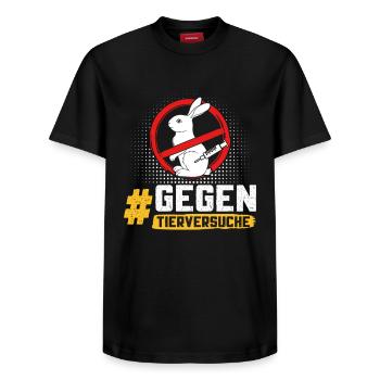 Tierschutz STOPPT TIERVERSUCHE GEGEN VERSUCHE - Relaxed Unisex Supima Cotton T-Shirt – von SPREAD - Schwarz - Vorne - AI Model Female 172 light (172cm) & AI Model Male 178 light (178cm)