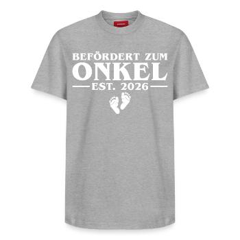 Promu à Oncle 2026 Annoncer la grossesse - T-shirt unisexe décontracté en coton Supima – de SPREAD - gris chiné - Devant - AI Model Female 172 dark (172cm) & AI Model Male 185 dark (185cm)