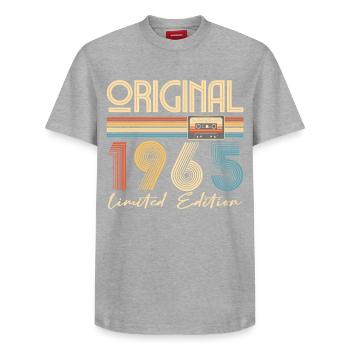 60th birthday 60 years original 1965 - Relaxed Unisex Supima Cotton T-Shirt – by SPREAD - heather grey - Front - AI Model Female 172 dark (172cm) & AI Model Male 185 dark (185cm)