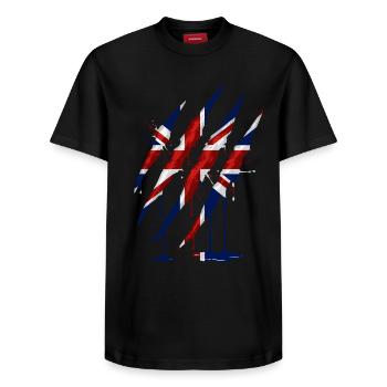 Union Jack Krallen-Kratzspur  - Relaxed Unisex Supima Cotton T-Shirt – von SPREAD - Schwarz - Vorne - AI Model Female 172 light (172cm) & AI Model Male 178 light (178cm)