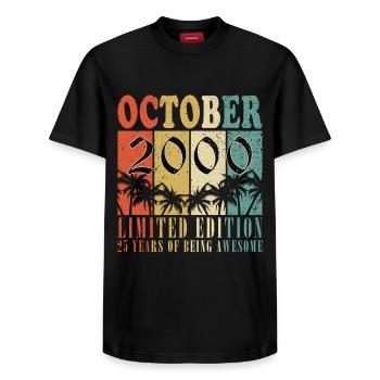 25th Birthday Original October Year 2000 - Relaxed Unisex Supima Cotton T-Shirt – by SPREAD - black - Front - AI Model Female 172 light (172cm) & AI Model Male 178 light (178cm)