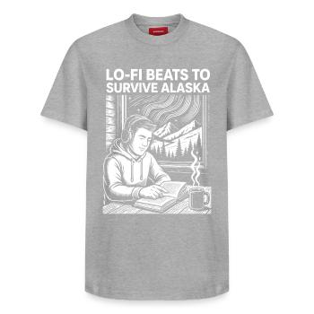Le lo-fi bat l’Alaska Studio - T-shirt unisexe décontracté en coton Supima – de SPREAD - gris chiné - Devant - AI Model Female 172 dark (172cm) & AI Model Male 185 dark (185cm)