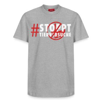 Animal welfare STOP ANIMAL TESTING FUNNY - Relaxed Unisex Supima Cotton T-Shirt – by SPREAD - heather grey - Front - AI Model Female 172 dark (172cm) & AI Model Male 185 dark (185cm)
