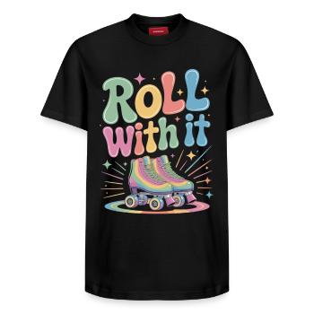 Colorful Roller Skate T-Shirt with Saying – Roll With It - Relaxed Unisex Supima Cotton T-Shirt – by SPREAD - black - Front - AI Model Female 172 light (172cm) & AI Model Male 178 light (178cm)