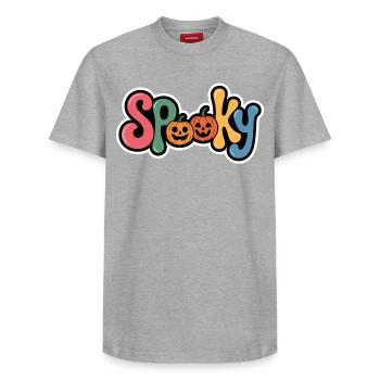 Spooky Pumpkin Halloween Lettering - Relaxed Unisex Supima Cotton T-Shirt – by SPREAD - heather grey - Front - AI Model Female 172 dark (172cm) & AI Model Male 185 dark (185cm)