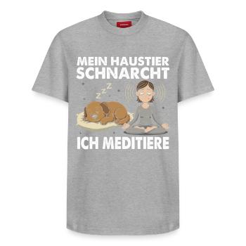 Mein Haustier schnarcht, ich meditiere - Relaxed Unisex Supima Cotton T-Shirt – von SPREAD - Grau meliert - Vorne - AI Model Female 172 dark (172cm) & AI Model Male 185 dark (185cm)