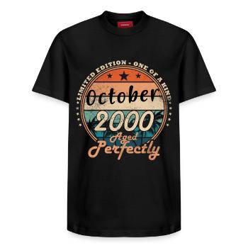 25th Birthday Legend October Year 2000 - Relaxed Unisex Supima Cotton T-Shirt – by SPREAD - black - Front - AI Model Female 172 light (172cm) & AI Model Male 178 light (178cm)