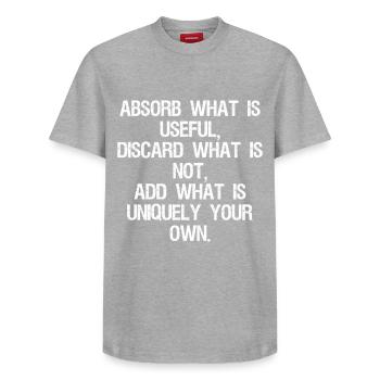 aufnehmen, was nützlich ist, wegwerfen, was nicht ist, hinzufügen w - Relaxed Unisex Supima Cotton T-Shirt – von SPREAD - Grau meliert - Vorne - AI Model Female 172 dark (172cm) & AI Model Male 185 dark (185cm)