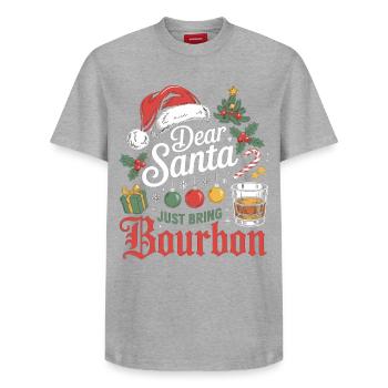 Christmas Shirt – Dear Santa Bring Bourbon - Relaxed Unisex Supima Cotton T-Shirt – by SPREAD - heather grey - Front - AI Model Female 172 dark (172cm) & AI Model Male 185 dark (185cm)