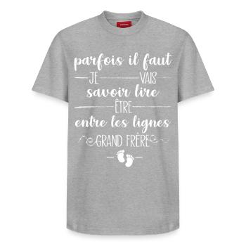 Futur Grand Frère Annonce Bébé - T-shirt unisexe décontracté en coton Supima – de SPREAD - gris chiné - Devant - AI Model Female 172 dark (172cm) & AI Model Male 185 dark (185cm)
