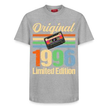 30th birthday 1996 - Relaxed Unisex Supima Cotton T-Shirt – by SPREAD - heather grey - Front - AI Model Female 172 dark (172cm) & AI Model Male 185 dark (185cm)